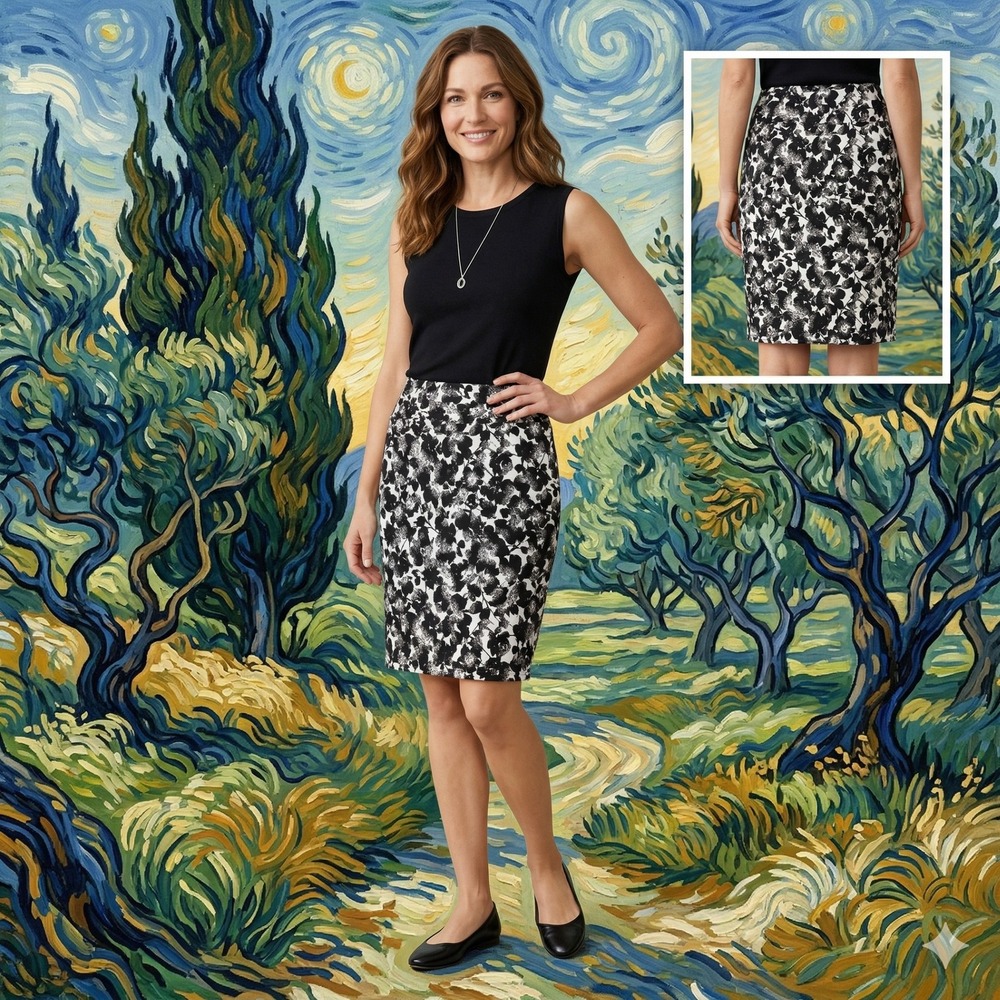 J. Jill Wearever Smooth-Fit Pencil Skirt Black White Floral Size S NWT